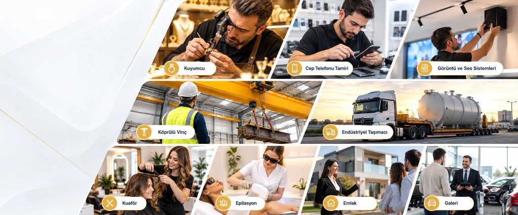 Kuyumcu, cep telefonu tamircisi, görüntü ve ses sistemleri elemanı, köprülü vinç operatörü, endüstriyel taşımacı, kuaför, epilasyon uzmanı, emlak ve galeri danışmanı
