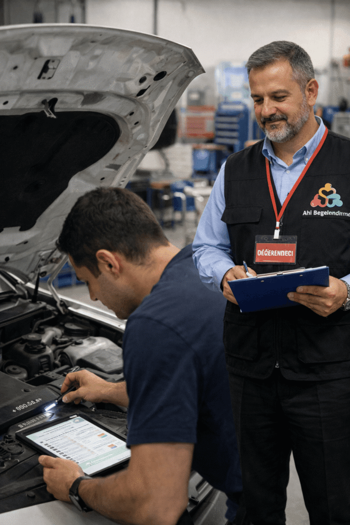 Ahi Belgelendirme yetkili değerlendiricisi gözetiminde motorlu kara taşıtları alım satım sorumlusu uygulamalı performans sınavı