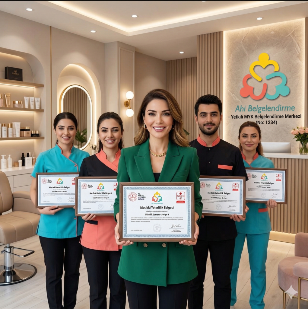 Ahi Belgelendirme logosu önünde Güzellik Uzmanı Seviye 4 MYK belgelerini gururla sergileyen güzellik salonu sahibi ve çalışanları.