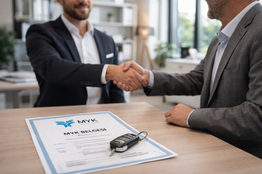 Masada duran MYK belgesi, araç anahtarı ve el sıkışan taraflar - Ahi Belgelendirme