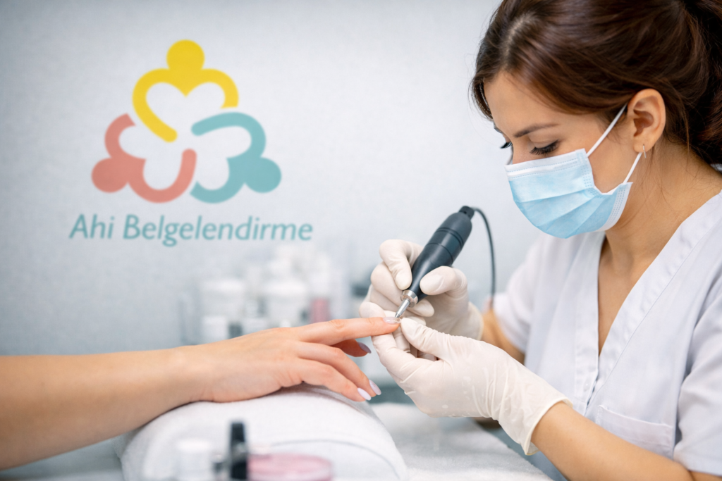Hijyen kurallarına uygun olarak maske ve eldivenle freze cihazı kullanarak protez tırnak işlemi yapan uzman estetisyen ve Ahi Belgelendirme logosu.