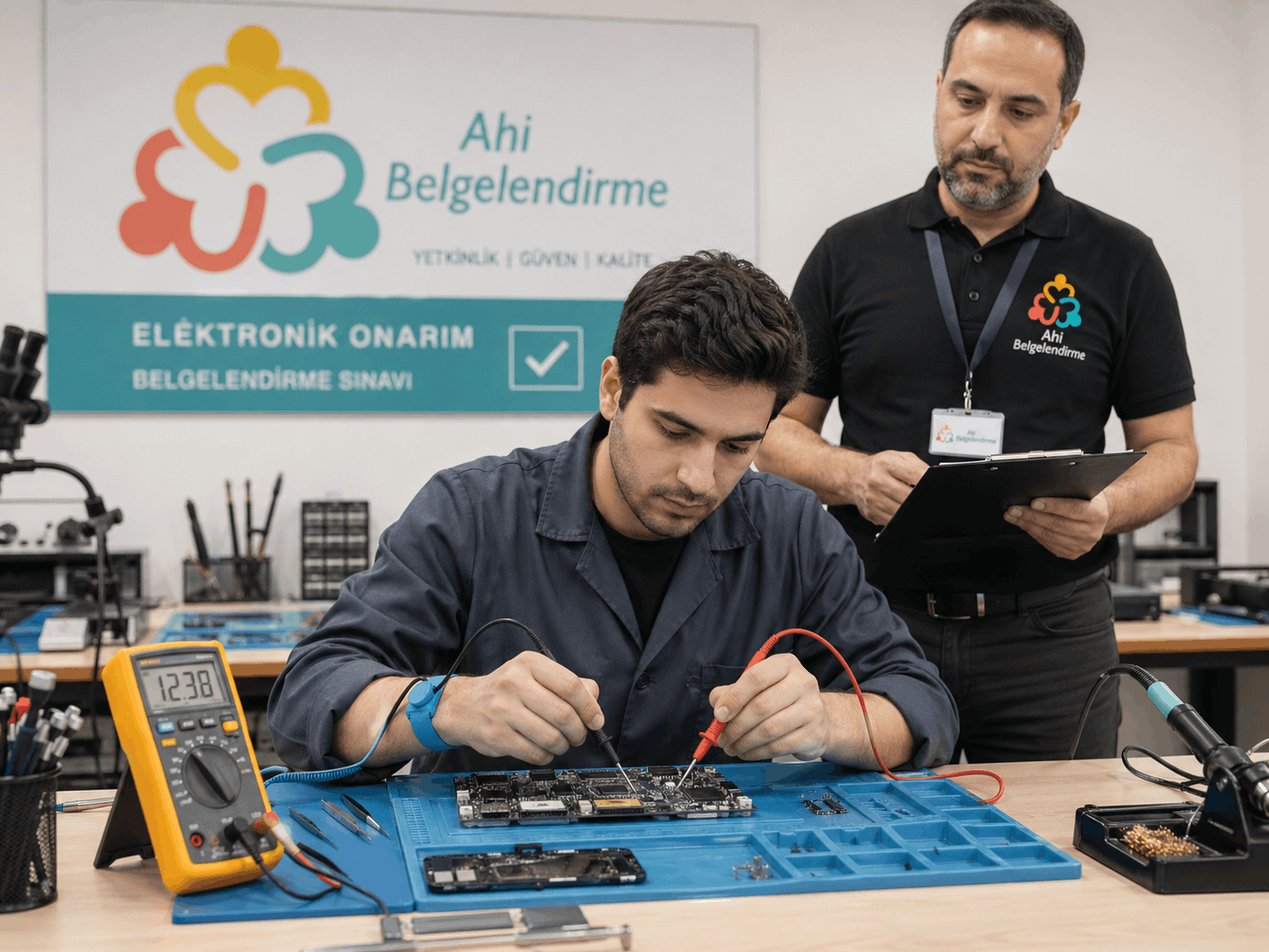 Ahi Belgelendirme yetkilisi gözetiminde cep telefonu tamir performans sınavında multimetre ile arıza tespiti yapan teknisyen adayı