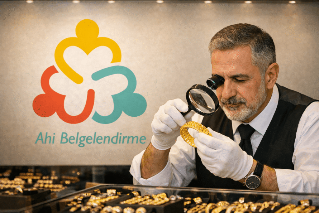 Ahi Belgelendirme yetki logosu önünde büyüteçle altın bilezik inceleyen profesyonel kuyumcu ustası