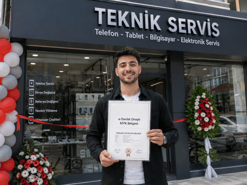 Yeni açtığı dükkanının önünde e-Devlet onaylı cep telefonu tamir MYK belgesini gururla tutan usta