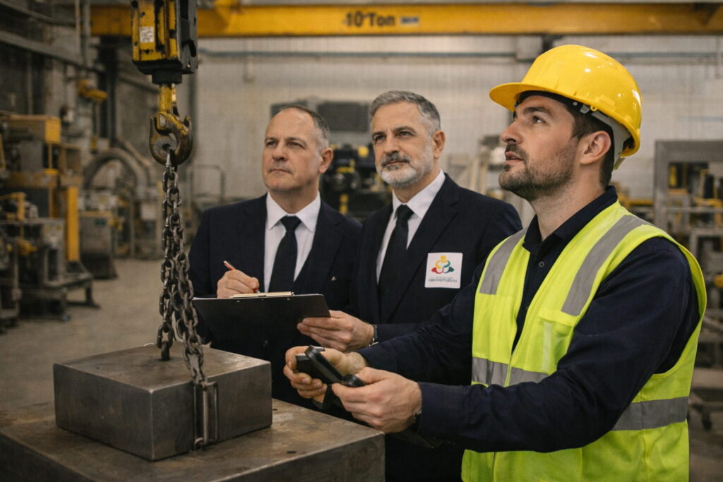Baret ve fosforlu yelek giymiş operatörün, Ahi Belgelendirme uzman gözetmenleri eşliğinde köprülü vinç uygulamalı performans sınavına girmesi.