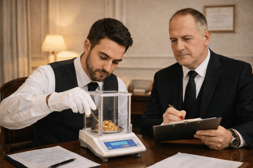 Ahi Belgelendirme gözetmeni eşliğinde hassas terazi ile altın tartımı yapan kuyumcu adayı