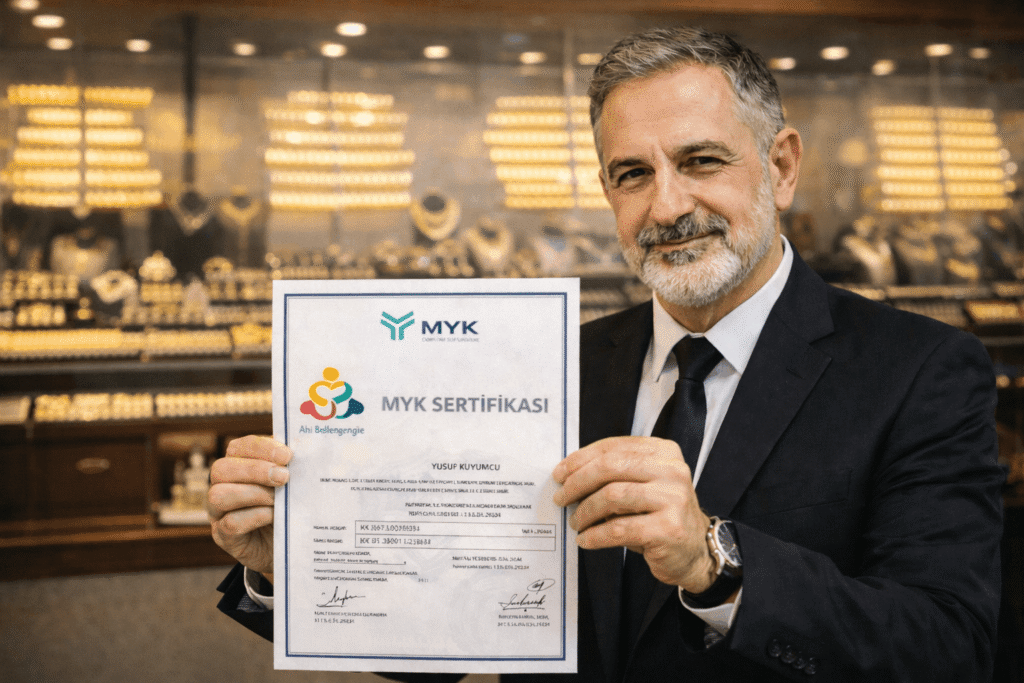 E-Devlet onaylı kuyumcu MYK belgesi alan gururlu işletme sahibi