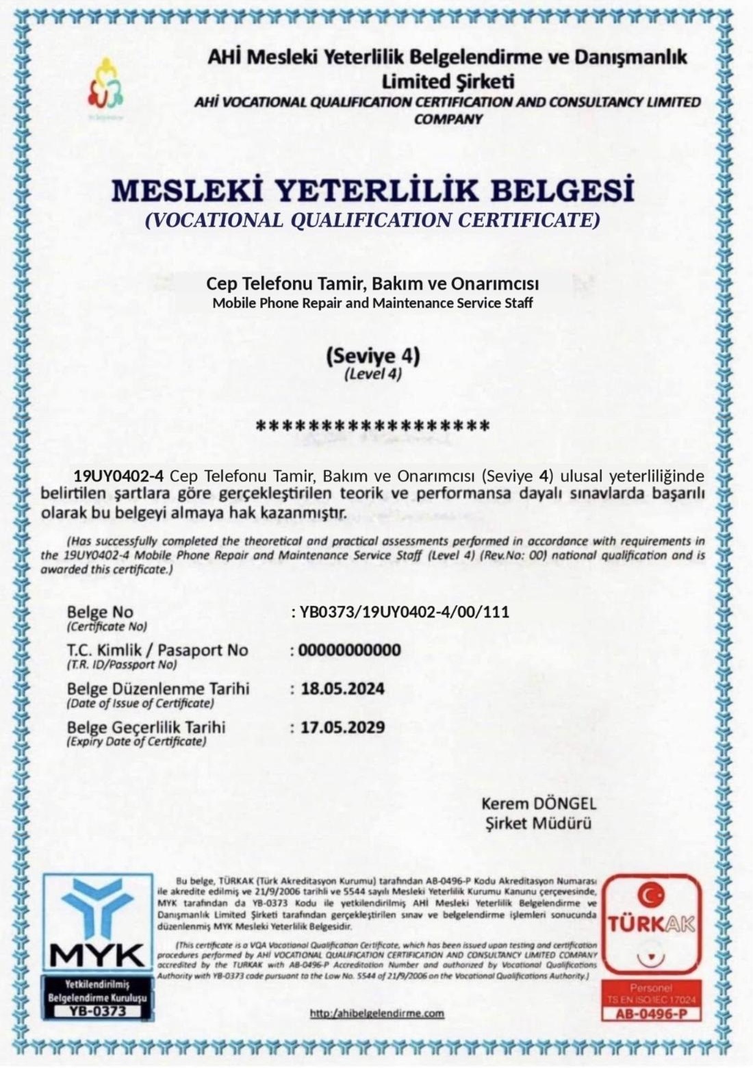 Cep Telefonu Tamir Bakım ve Onarımcısı Seviye 4 MYK Mesleki Yeterlilik Belgesi örneği