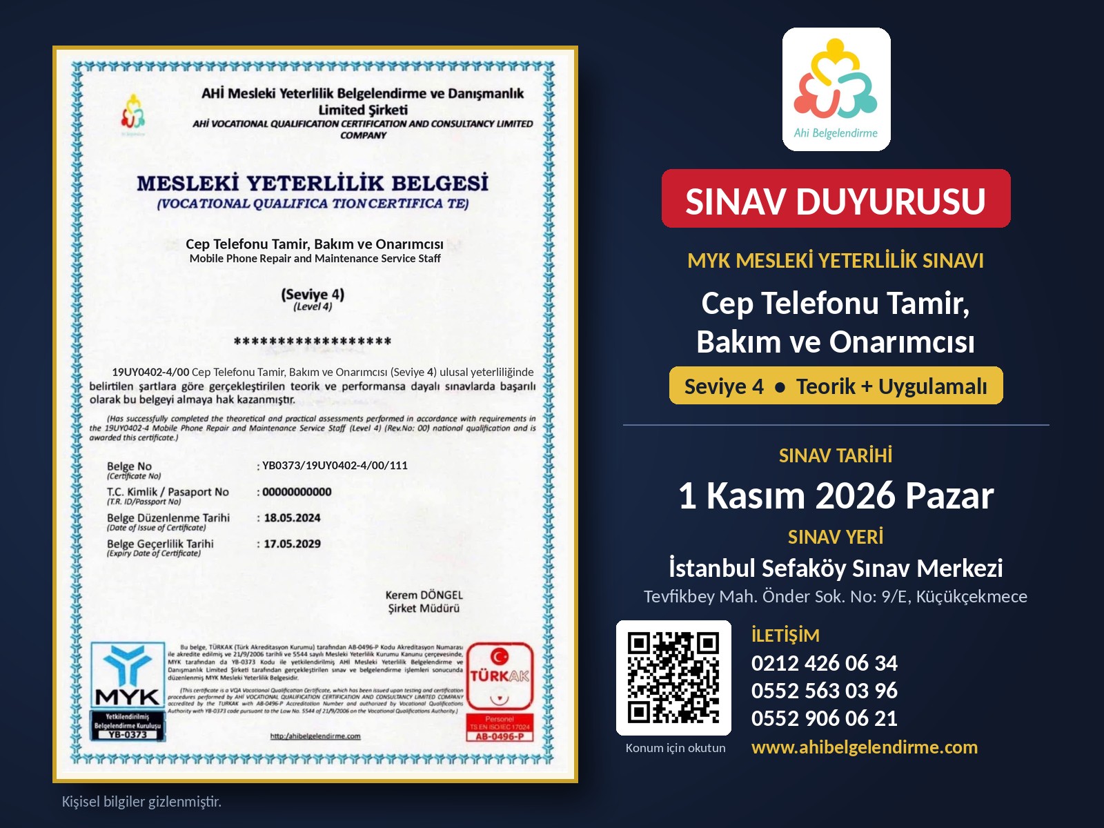 Cep Telefonu Tamir, Bakım ve Onarımcısı Seviye 4 MYK sınav duyurusu - 1 Kasım 2026 İstanbul Sefaköy Sınav Merkezi