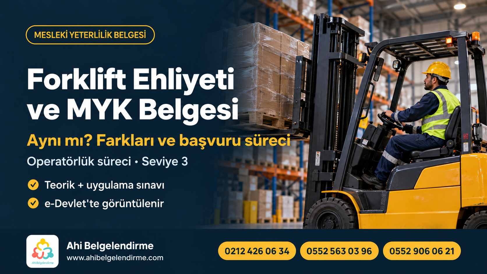 Depo içinde palet kaldıran forklift ve koruyucu ekipmanlı sürücü; araç tipi görselin odağında.