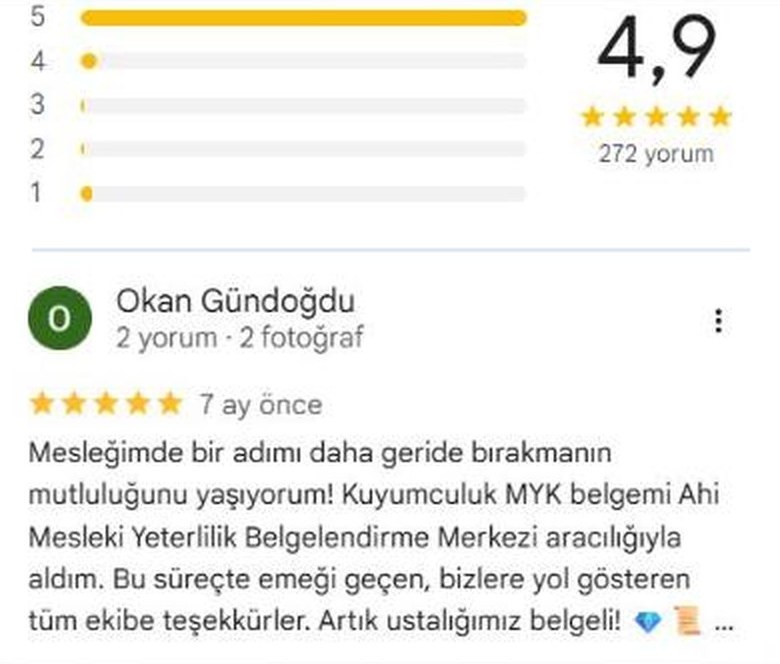 Ahi Belgelendirme Google yorumları – 4,9 puan, 272 yorum