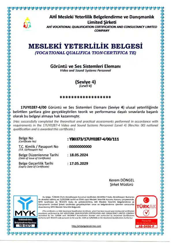 Görüntü ve Ses Sistemleri Elemanı Seviye 4 MYK mesleki yeterlilik belgesi örneği – Ahi Belgelendirme