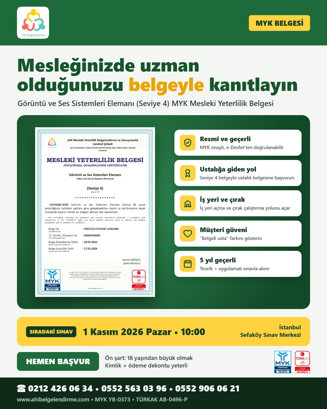 Görüntü ve Ses Sistemleri Elemanı Seviye 4 MYK belgesi – 1 Kasım 2026 İstanbul Sefaköy sınavı