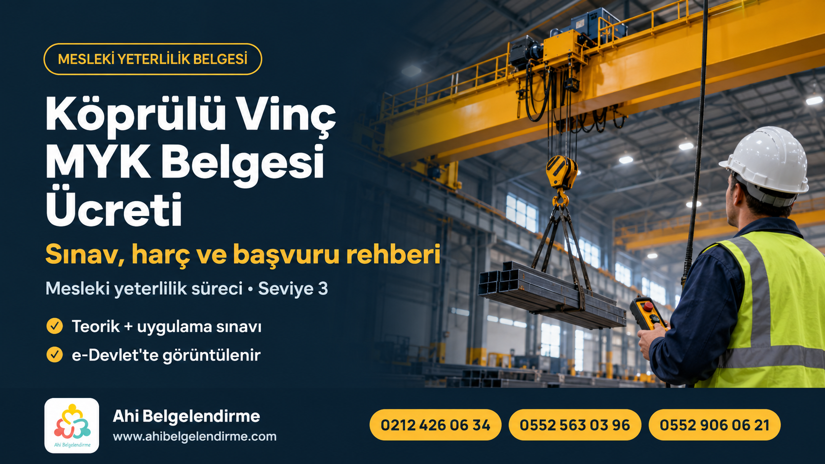 Fabrika içinde uzaktan kumandayla köprülü vinci kullanan operatör; vinç kirişi ve yük açıkça görünüyor.