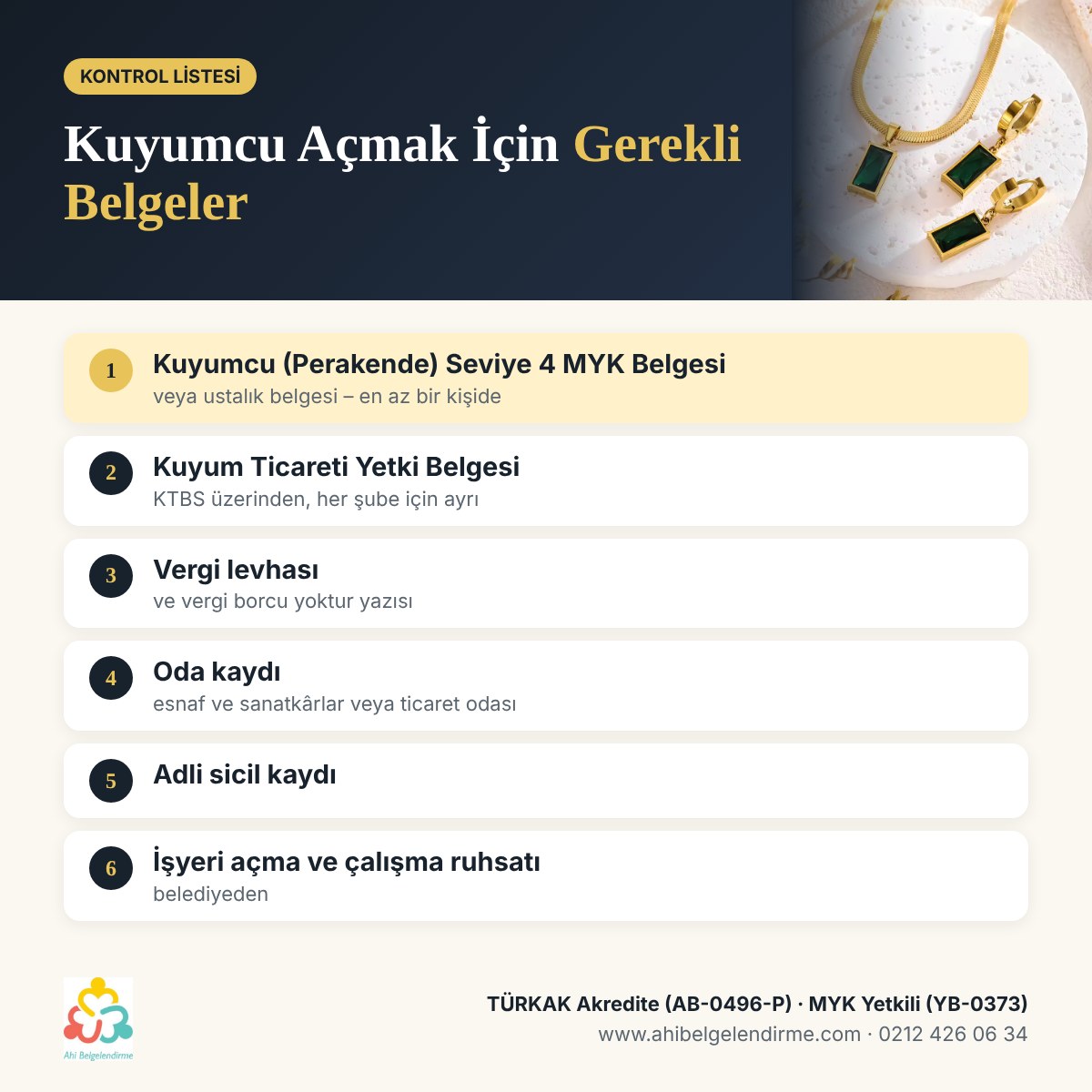 Kuyumcu açmak için gerekli belgeler – TÜRKAK akredite Ahi Belgelendirme: Kuyumcu (Perakende) Seviye 4 MYK belgesi, kuyum ticareti yetki belgesi, vergi levhası, oda kaydı, adli sicil kaydı, işyeri ruhsatı