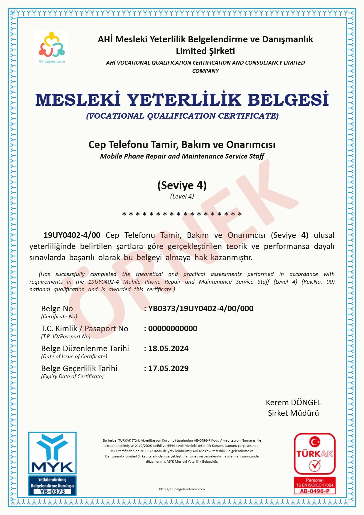 Örnek MYK belgesi – Cep Telefonu Tamir, Bakım ve Onarımcısı