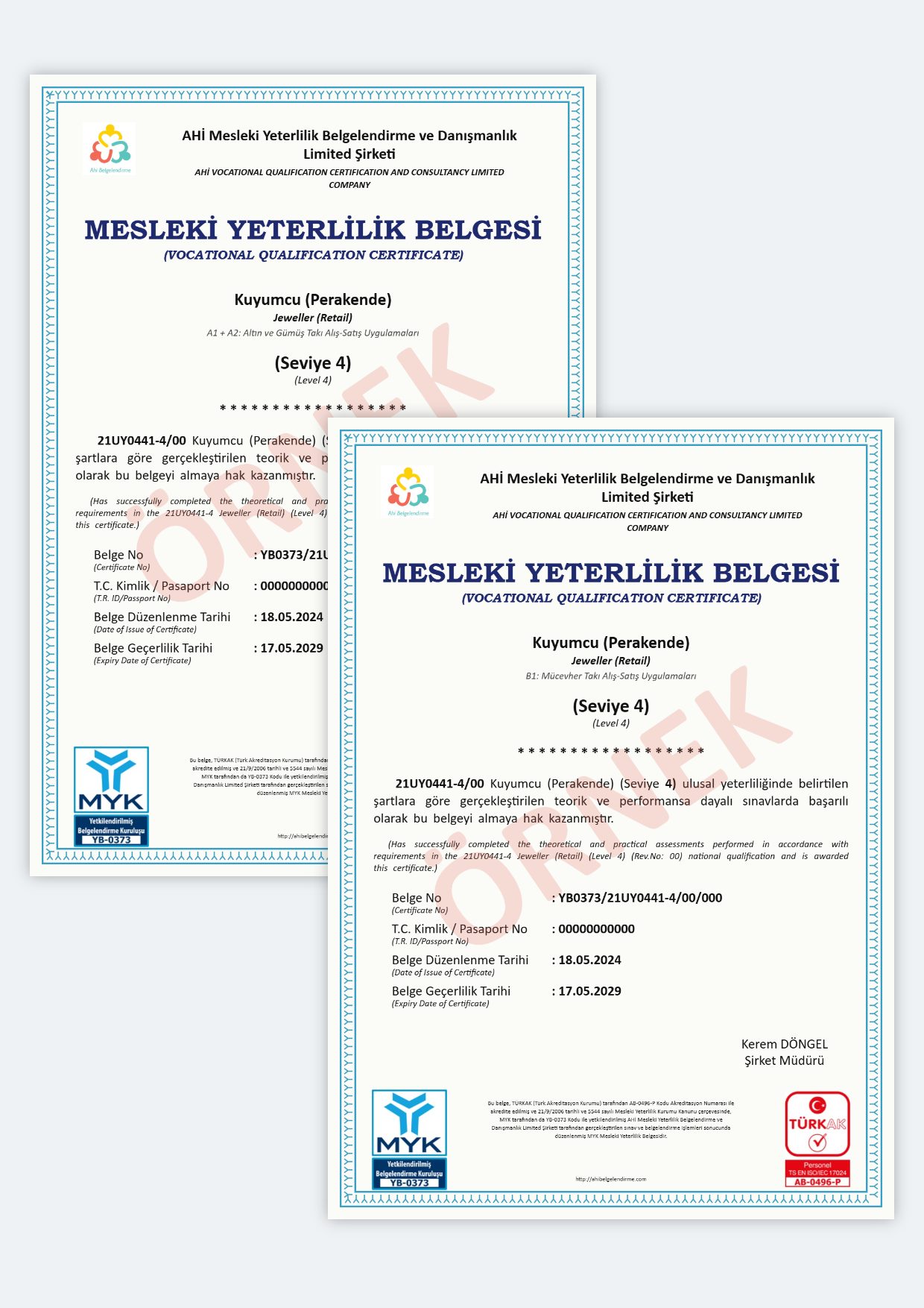 Örnek MYK belgesi – Kuyumcu – Altın + Pırlanta
