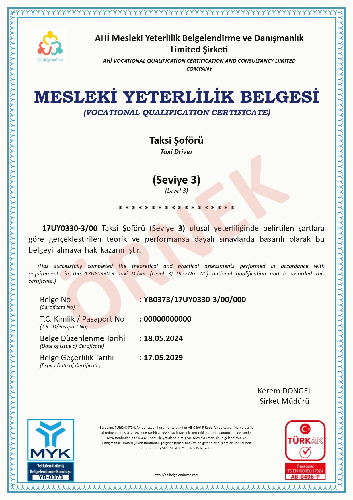 Örnek MYK belgesi – Taksi Şoförü