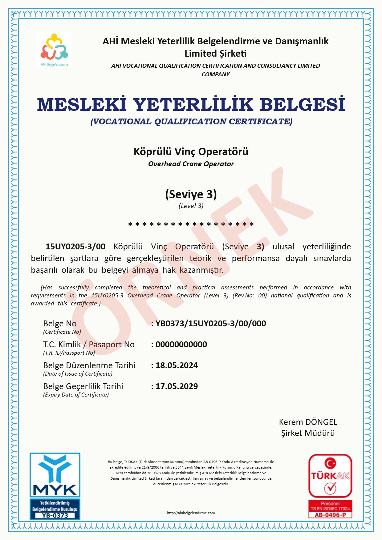 Örnek MYK belgesi – Köprülü Vinç Operatörü