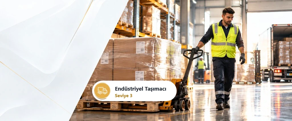 Depoda transpalet ile yük taşıyan endüstriyel taşımacı